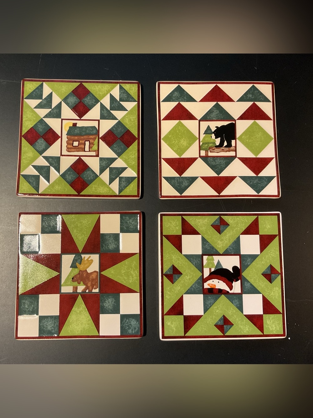 Boyds Home Ceramic Mini Plates Coasters Set of 4 – Rustic Quilt Lodge Pattern